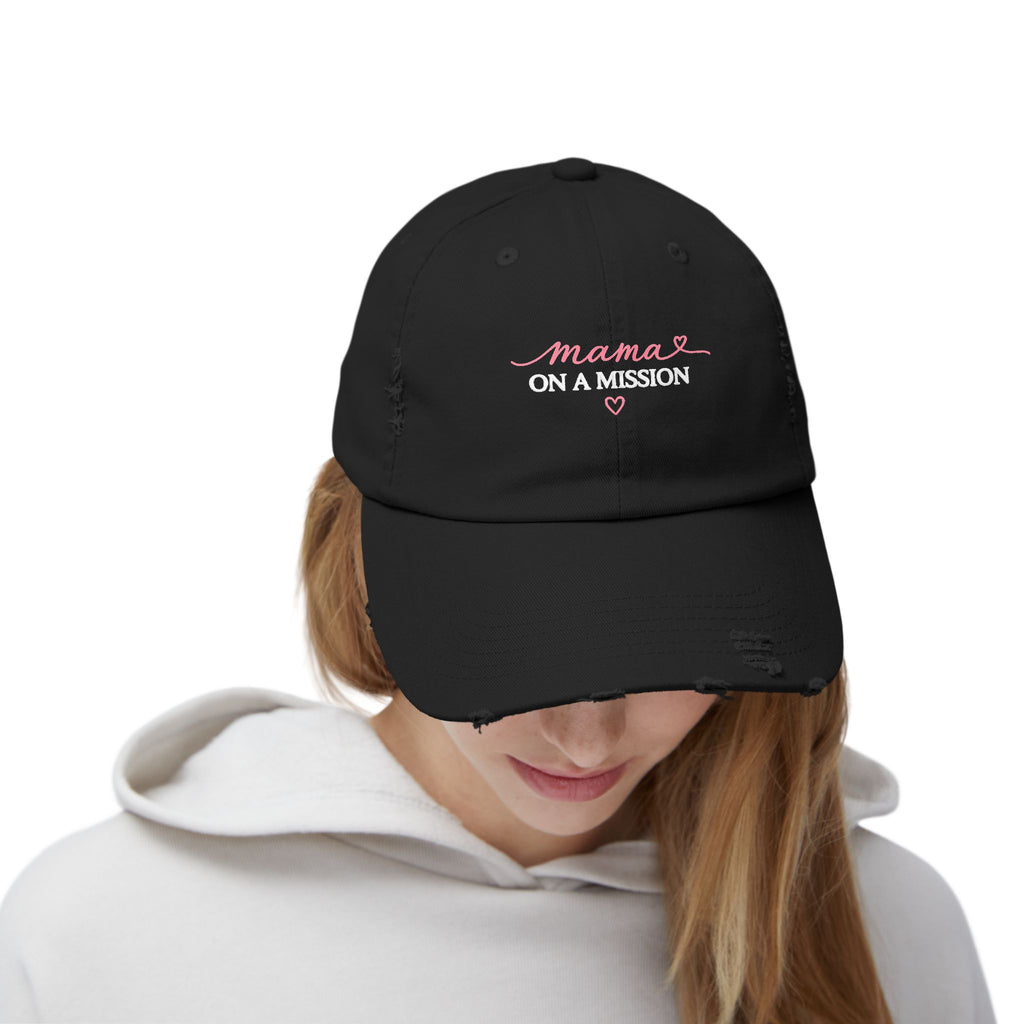 Mama on a Mission Distressed Cap — Embroidered Mom Hat